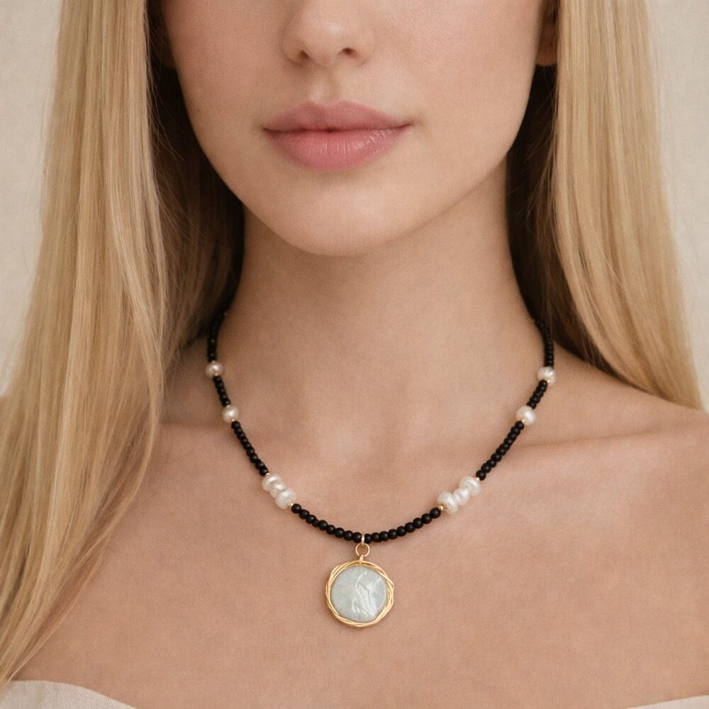 La Meno Black Turmaline, Baroque Pearl and Freshwater Pearl Necklace 19in long